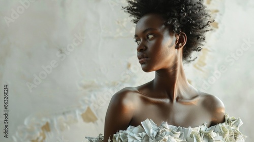 Fashion Model Wearing Recycled Material Dress. Generative AI