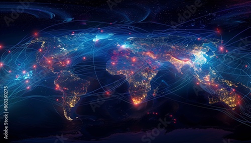 Abstract digital world map with glowing lines and dots representing global connection. © Pornarun