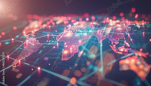Abstract digital world map with glowing lines and dots representing global connectivity and communication.
