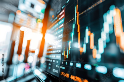 The image shows a close-up of a stock market graph displaying several colorful candlestick charts with price fluctuations. The setting has a dynamic and modern feel, reflecting financial trends.