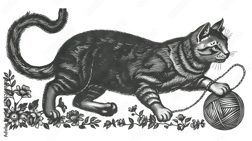 Φωτογραφία A black-and-white drawing of a cat playing with a ball of yarn and one on the