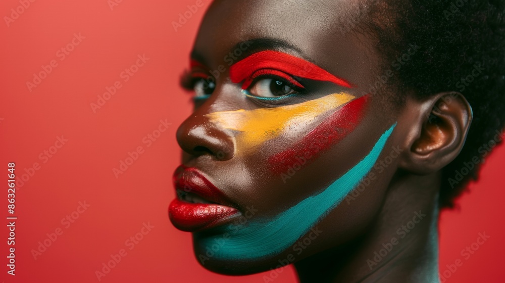 Close-Up Portrait of a Woman With Bold Colorful Face Paint. Generative AI Close-Up Portrait of a Woman With Bold Colorful Face Paint. Generative AI