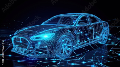 A digitally rendered wireframe concept of a futuristic AR car, showcasing intricate design and augmented reality elements in a blue neon style against a dark background.