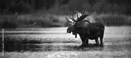 Photo of moose shot direction right side pose standing water time of day early morning photo