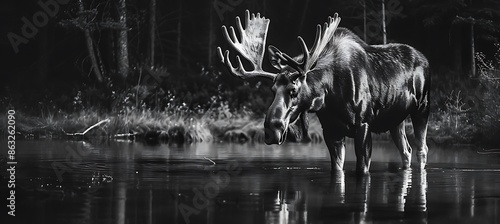 Photo of moose shot direction right side pose standing water time of day early morning photo