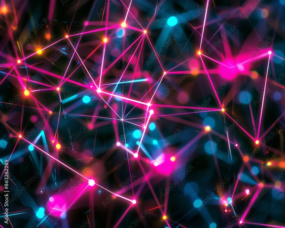 Abstract network of glowing lines and dots in pink, blue and orange against a black background. Abstract network of glowing lines and dots in pink, blue and orange against a black background.