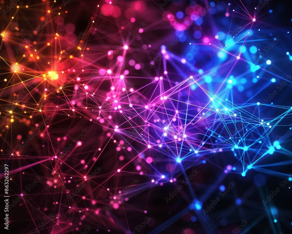 Abstract network of glowing lines and nodes in vibrant pink, blue, and orange hues against a dark background. Abstract network of glowing lines and nodes in vibrant pink, blue, and orange hues against a dark background.