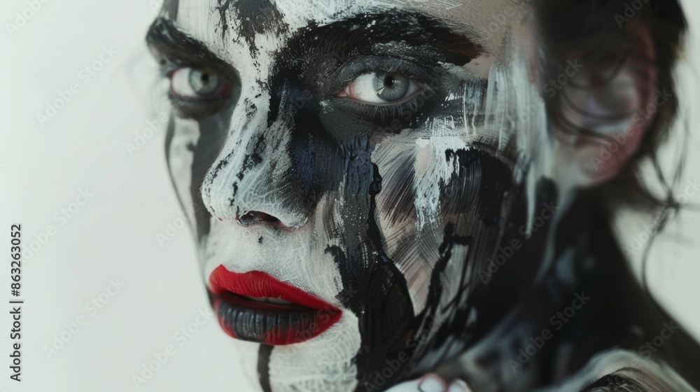 Naklejka premium Close-Up Portrait of a Woman With Black and White Face Paint. Generative AI
