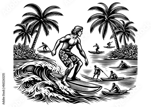 surfer in motion as he catches wave, perfectly encapsulating thrill of surfing sketch engraving generative ai fictional character PNG illustration. Scratch board imitation. Black and white image.