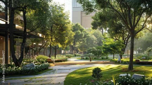 Fototapeta Naklejka Na Ścianę i Meble -  A picturesque urban green space with natural cooling systems and shade-providing trees.