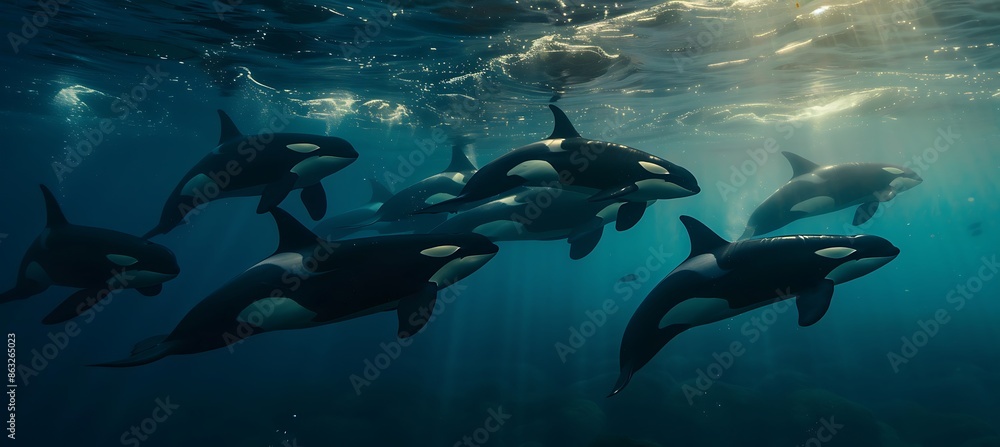 Naklejka premium Photo of a pod of orcas shot direction from below pose swimming together time of day sunset 