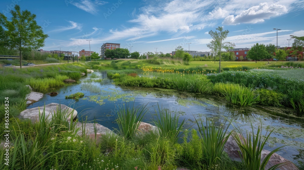 A picturesque urban wetland designed for flood control and recreation. A picturesque urban wetland designed for flood control and recreation.