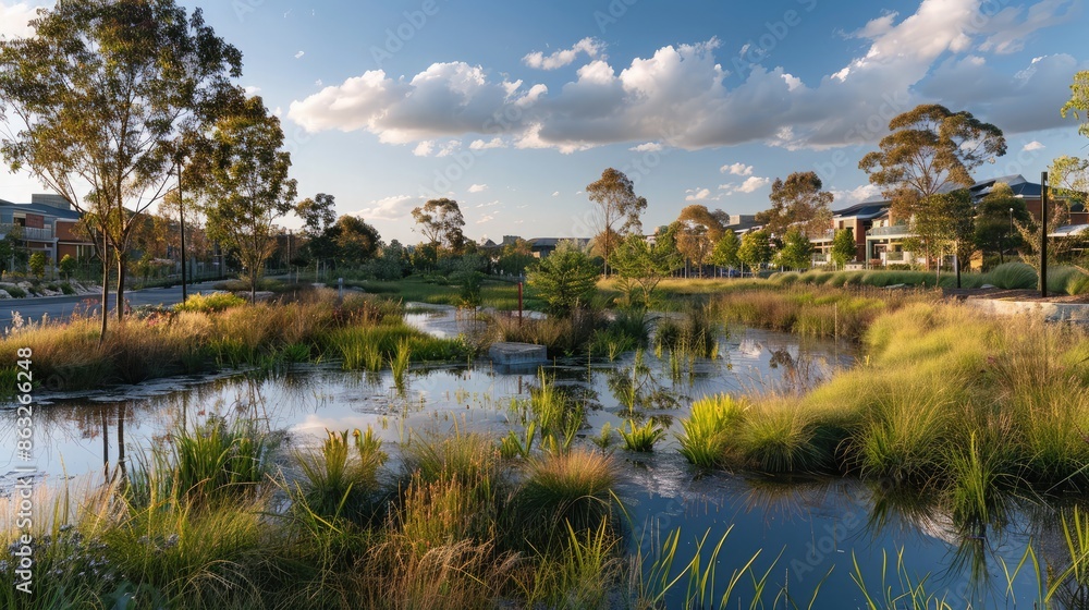 A picturesque urban wetland area designed to support biodiversity and manage stormwater. A picturesque urban wetland area designed to support biodiversity and manage stormwater.