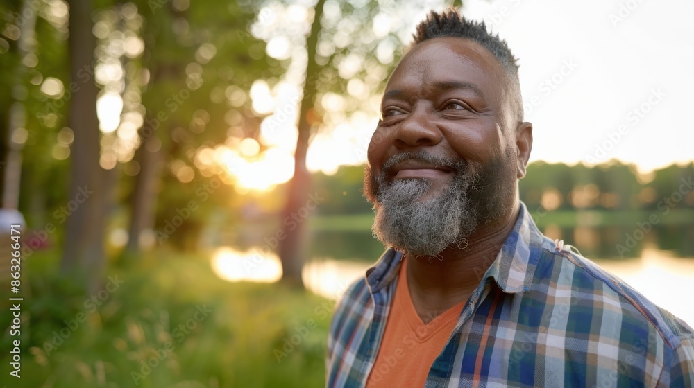 A happy man with a beard and short hair smiles warmly as he enjoys an outdoor hike near a serene lake during sunset. A happy man with a beard and short hair smiles warmly as he enjoys an outdoor hike near a serene lake during sunset.