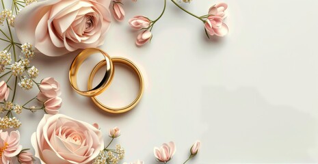 Wedding Rings With Pink Roses And Greenery