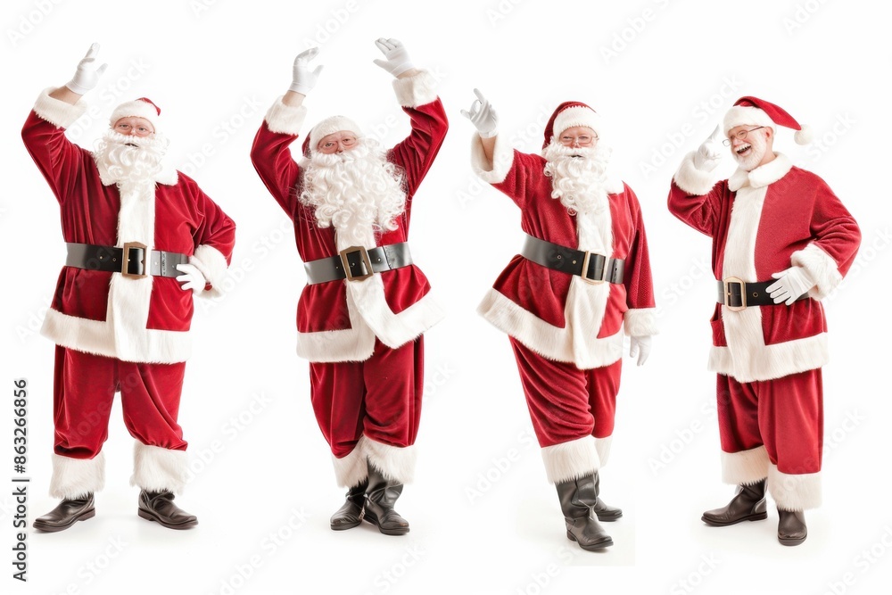 This image features four 3D cartoon characters of Santa Claus, all dressed in traditional red suits with white trim, striking different festive poses against a white background. This image features four 3D cartoon characters of Santa Claus, all dressed in traditional red suits with white trim, striking different festive poses against a white background.