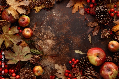 Autumnal wreath of apples, pine cones, leaves and berries on rustic wooden background. photo