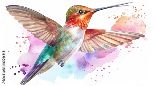 A colorful watercolor illustration of a hummingbird in flight, set against a backdrop of vibrant splashes of paint.