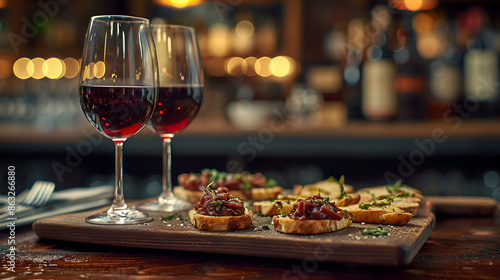 A wooden board with wine glasses, cheese, grapes, and bread, perfect for a cozy evening.