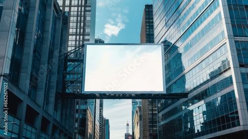 Blank billboard between skyscrapers in the city. Great for advertising.