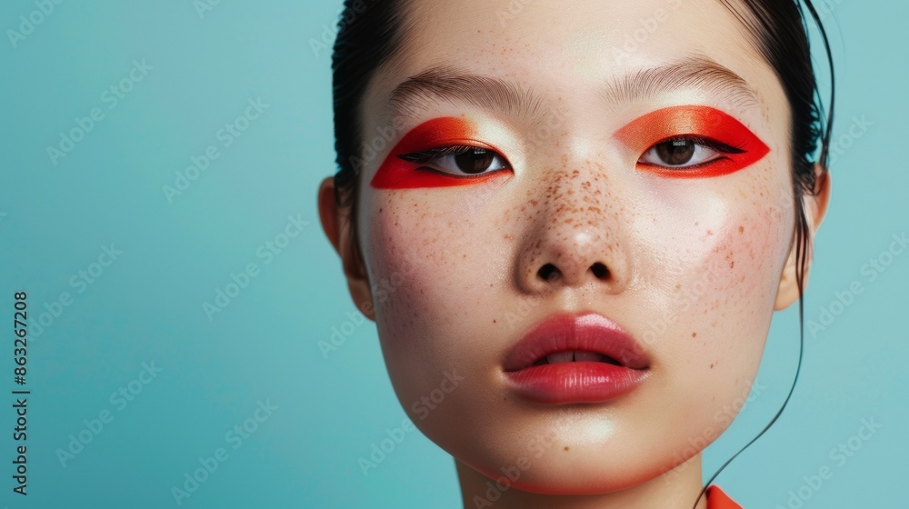 Close-Up Portrait of a Woman With Bold Red Eye Makeup Against a Teal Background. Generative AI Close-Up Portrait of a Woman With Bold Red Eye Makeup Against a Teal Background. Generative AI