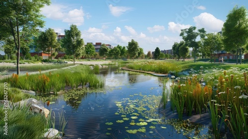 A picturesque urban wetland designed for flood control and recreation.