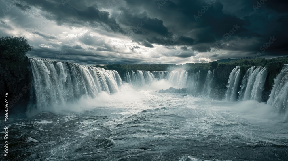 A powerful waterfall during a storm, with dark clouds overhead and water cascading into a churning river