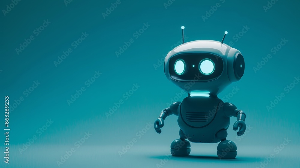 A Minimalist White Robot Stands on a Teal Background. Generative AI A Minimalist White Robot Stands on a Teal Background. Generative AI