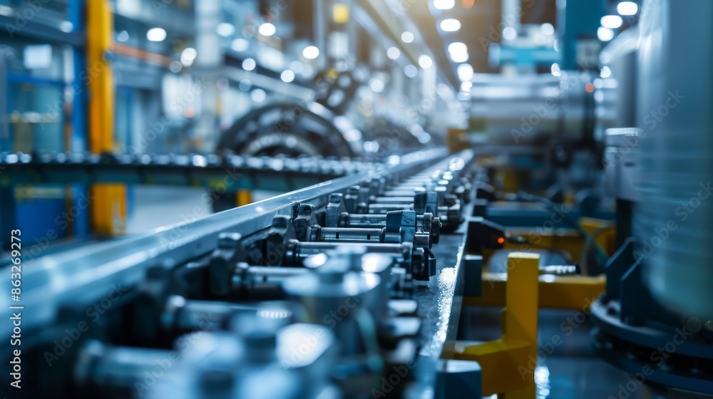 Close-up of a metal conveyor belt in a factory setting Close-up of a metal conveyor belt in a factory setting