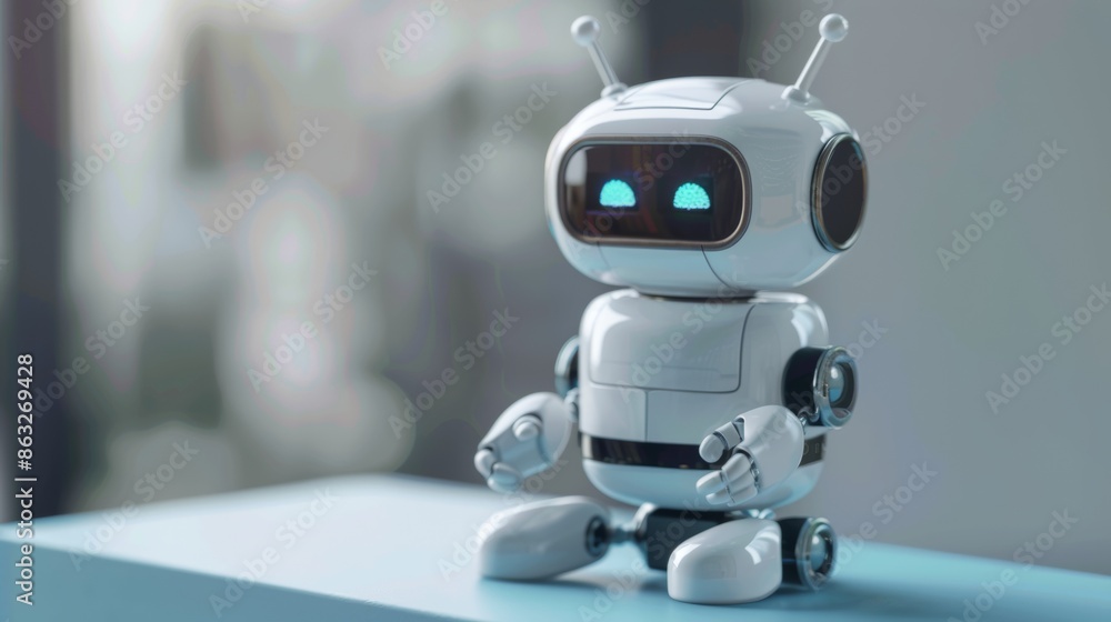 White Robot Chatbot Sitting on a Table With Blue Background. Generative AI White Robot Chatbot Sitting on a Table With Blue Background. Generative AI