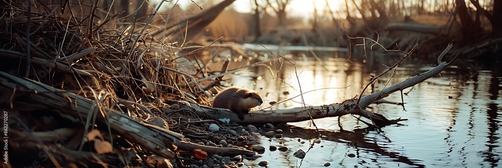 Photo of a single beaver shot direction from the left side pose building dam time of day golden hour Photo of a single beaver shot direction from the left side pose building dam time of day golden hour