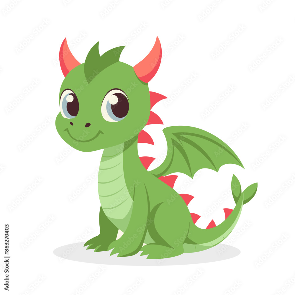 Fototapeta premium Cute cartoon dragon. Baby dragon or dinosaur cute character. Fairytale monster. Illustration, print