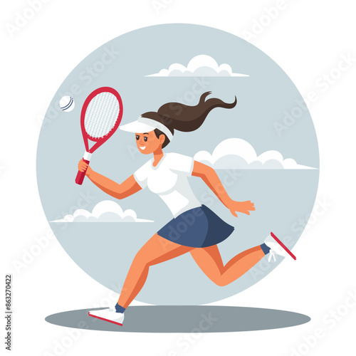 Female tennis player runs with a racket after the ball. Playing Tennis. Sports illustration.