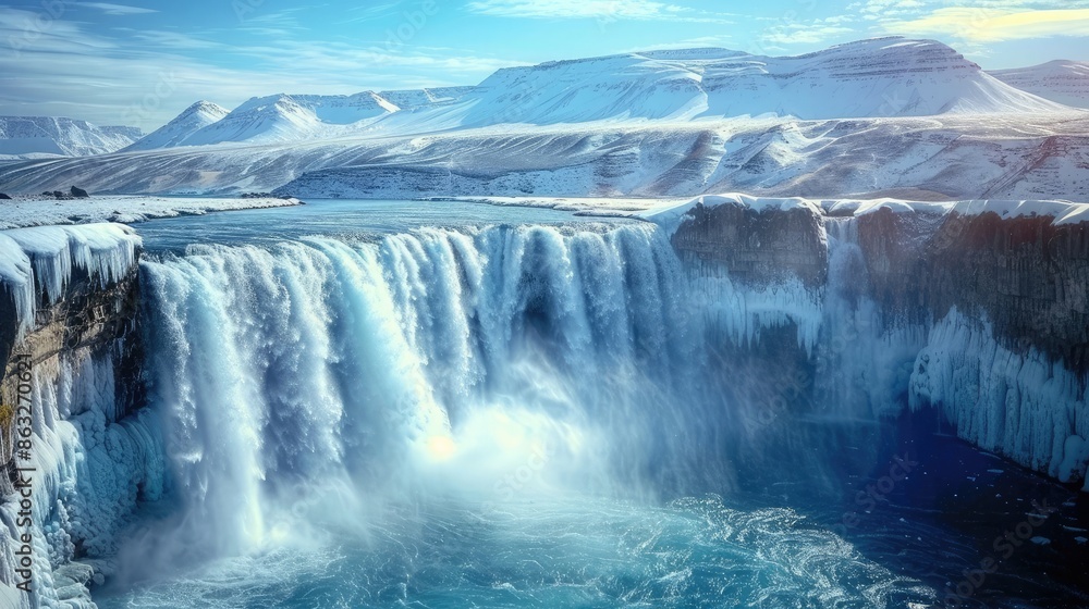 Fototapeta premium A powerful waterfall flowing into a deep blue lake, with snow-capped mountains in the distance