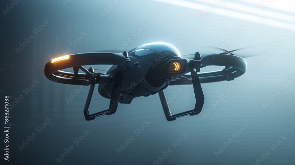 Isolated Futuristic Drone Hovering in a Hazy, Blue Setting. Generative AI Isolated Futuristic Drone Hovering in a Hazy, Blue Setting. Generative AI