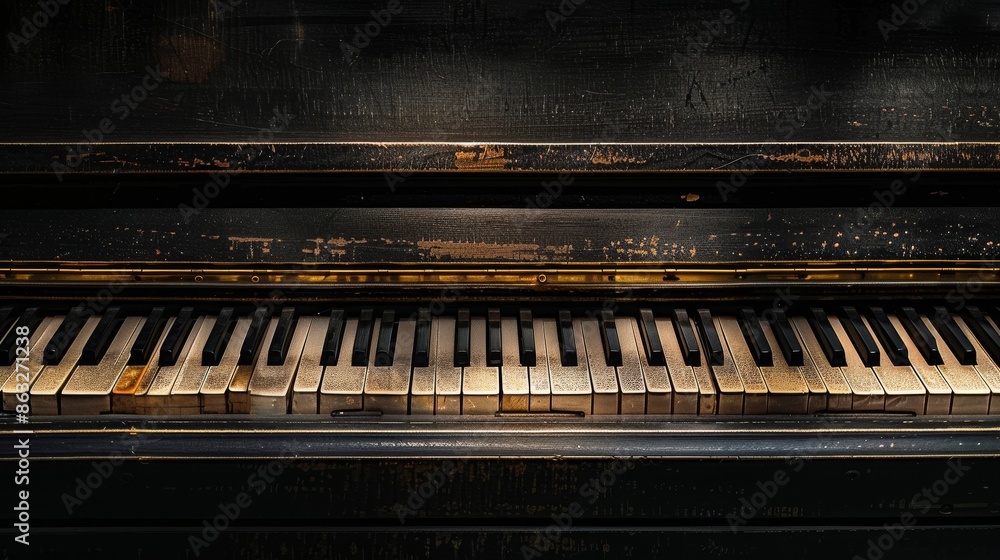 Close-up of worn piano keys, showing signs of age and use. The dark wood grain creates a vintage aesthetic. Close-up of worn piano keys, showing signs of age and use. The dark wood grain creates a vintage aesthetic.