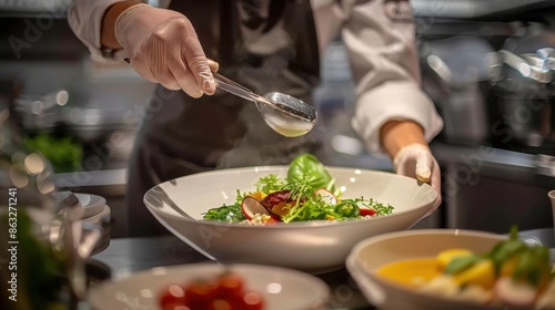 A high-end restaurant chef prepares a gourmet dish, adding a finishing touch of sauce. The dish is a vibrant mix of greens, tomatoes, and other fresh ingredients, presented in a white bowl.