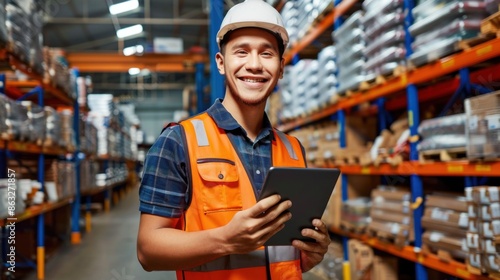 A smiling warehouse worker wearing an orange safety vest and a white helmet holds a tablet while standing in a busy warehouse with shelves full of boxes. © neatlynatly