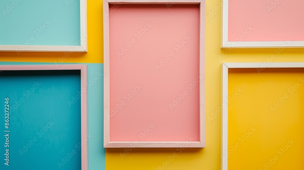 Colorful frames in blue, yellow, and pink create a vibrant abstract pattern. Colorful frames in blue, yellow, and pink create a vibrant abstract pattern.