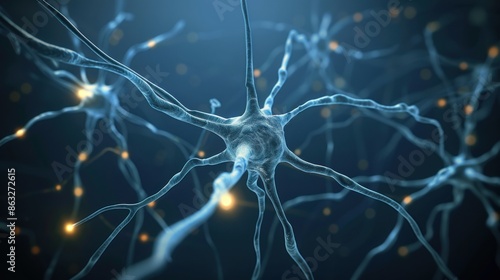 Conceptual illustration of neuron cells with glowing synapses, showcasing neural networks and brain activity in a digital art style.