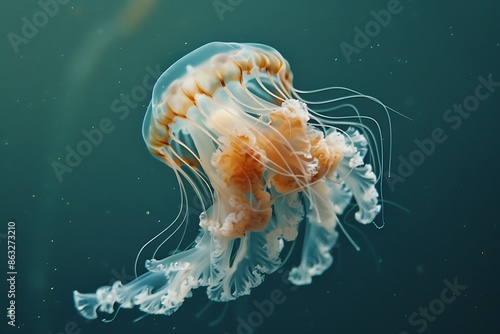 Photo of a single jellyfish shot direction from above pose floating near surface time of day dawn National Geographic film type Kodak UltraMax 400 using underwater housing for clear images photo