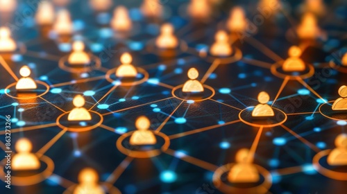 Conceptual illustration representing human resources and global connectivity. Icons of people are interconnected by glowing lines, indicating a network.