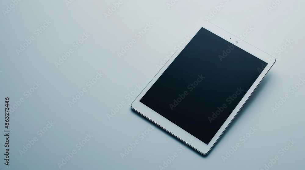 White Tablet on a Light Blue Surface. Generative AI White Tablet on a Light Blue Surface. Generative AI