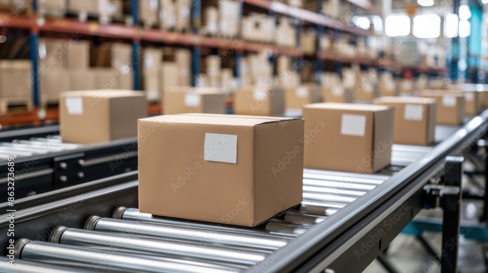 A close-up image of numerous cardboard box packages on a conveyor belt, inside a warehouse with shelves and more packages in the background. A close-up image of numerous cardboard box packages on a conveyor belt, inside a warehouse with shelves and more packages in the background.