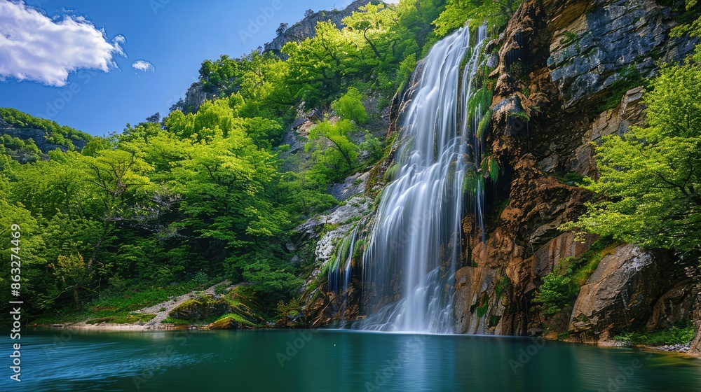 Fototapeta premium A beautiful landscape featuring a waterfall cascading down a rocky cliff into a serene lake, surrounded by vibrant greenery