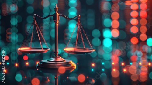 The image shows a set of law scales against a backdrop of digital data, symbolizing the intersection of law and technology.