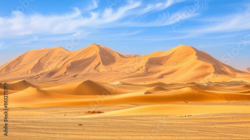 Expansive desert landscape with rolling sand dunes and distant mountains under a clear blue sky.