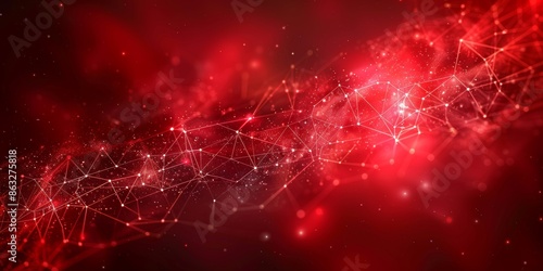 Abstract red network lines and dots on dark red background with high contrast and smooth texture
