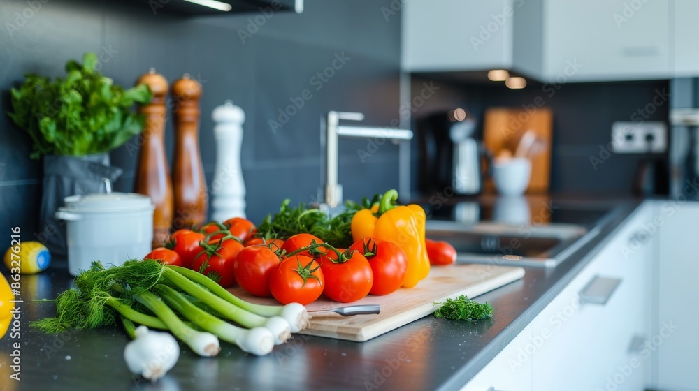 Fresh vegetables on a kitchen counter, including tomatoes, peppers, onions, and garlic. Fresh vegetables on a kitchen counter, including tomatoes, peppers, onions, and garlic.