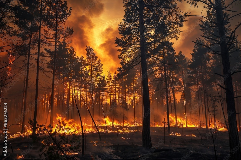 fire in a pine forest, big flames and smoke fire in a pine forest, big flames and smoke